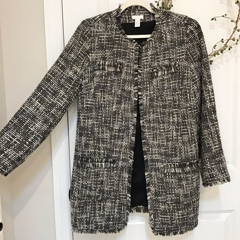 Chico’s Tweed Longline Jacket Gray Size 1/M, EUC